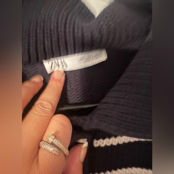 Zara Oversized Baggy White Navy Stripe Collar Cropped Sweater Women Large New - Picture 2 of 3